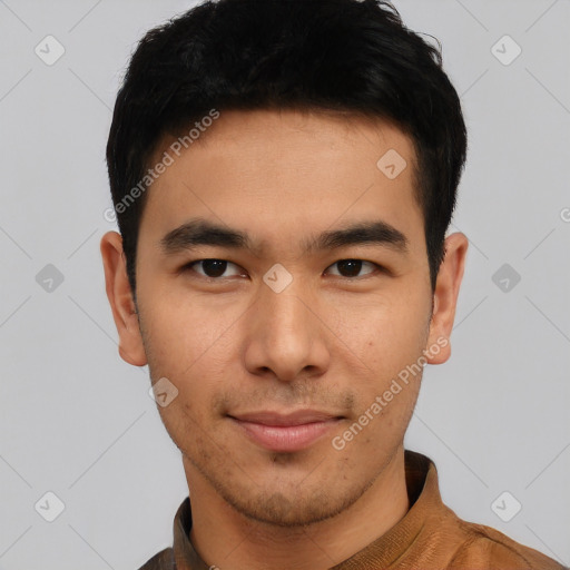 Neutral asian young-adult male with short  black hair and brown eyes