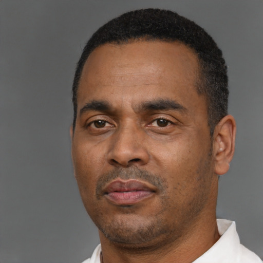 Neutral black adult male with short  black hair and brown eyes