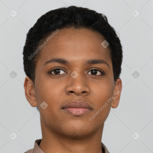 Neutral black young-adult female with short  brown hair and brown eyes