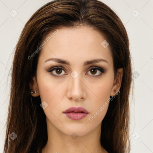 Neutral white young-adult female with long  brown hair and brown eyes