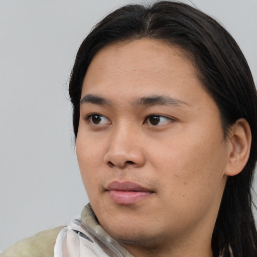 Neutral asian young-adult male with long  brown hair and brown eyes