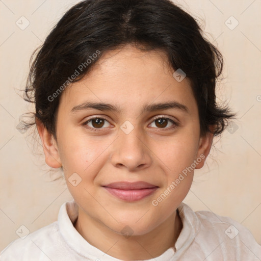 Joyful white child female with medium  brown hair and brown eyes