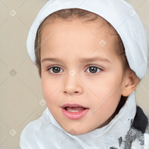 Joyful white child female with short  brown hair and brown eyes