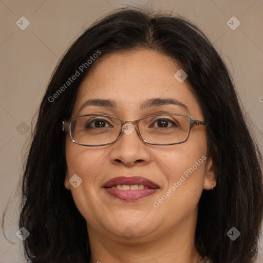 Joyful white adult female with medium  brown hair and brown eyes