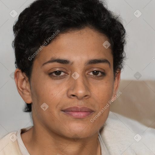 Joyful latino young-adult female with short  brown hair and brown eyes