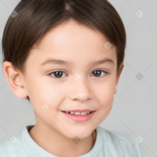 Joyful white child female with short  brown hair and brown eyes