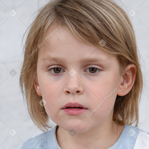 Neutral white child female with medium  brown hair and grey eyes