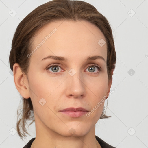 Neutral white young-adult female with medium  brown hair and grey eyes