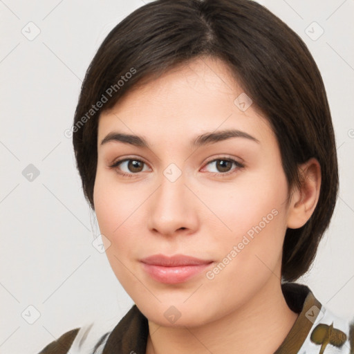 Neutral white young-adult female with medium  brown hair and brown eyes