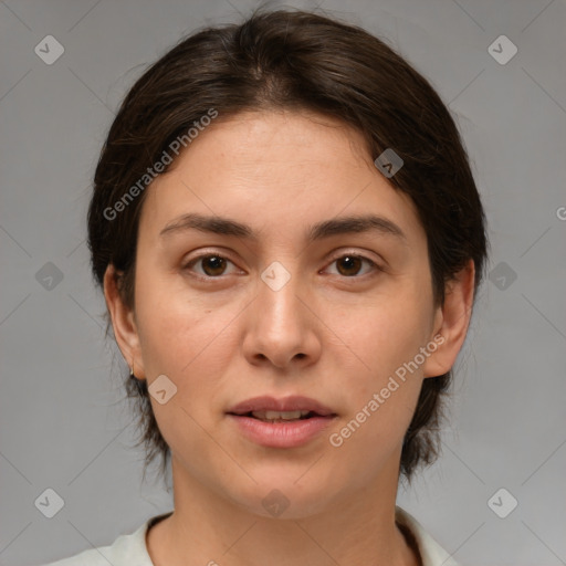 Joyful white young-adult female with medium  brown hair and brown eyes