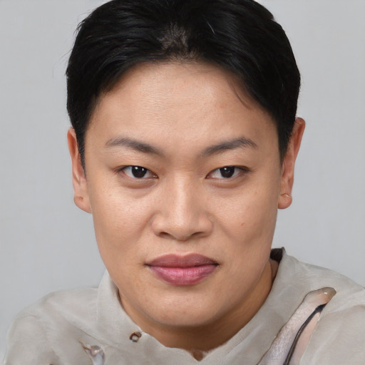 Joyful asian young-adult female with short  brown hair and brown eyes