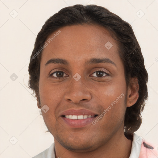 Joyful white young-adult female with short  brown hair and brown eyes