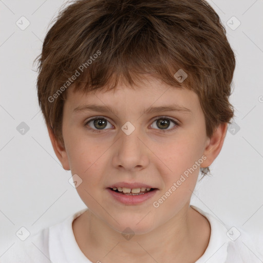 Joyful white child male with short  brown hair and brown eyes