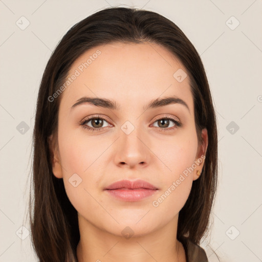 Neutral white young-adult female with long  brown hair and brown eyes