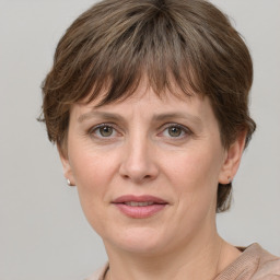 Joyful white adult female with medium  brown hair and grey eyes