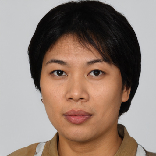 Neutral asian young-adult female with short  black hair and brown eyes