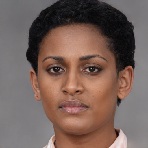 Neutral black young-adult female with short  black hair and brown eyes