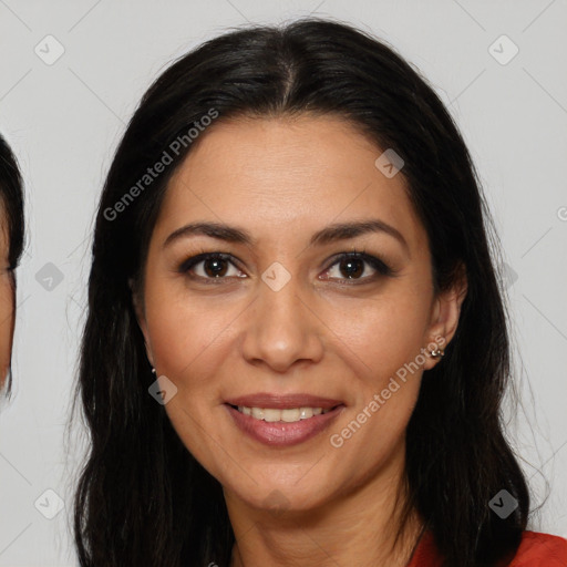 Joyful white adult female with medium  brown hair and brown eyes