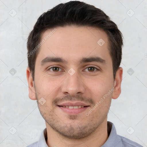 Joyful white young-adult male with short  brown hair and brown eyes