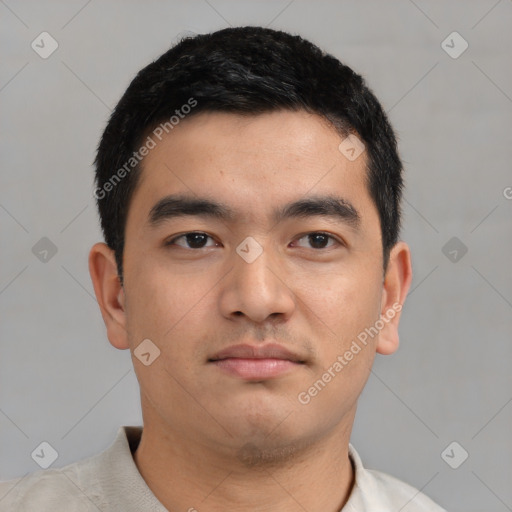 Neutral asian young-adult male with short  black hair and brown eyes