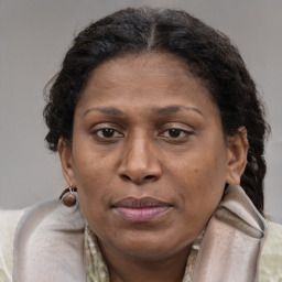 Joyful black adult female with medium  brown hair and brown eyes