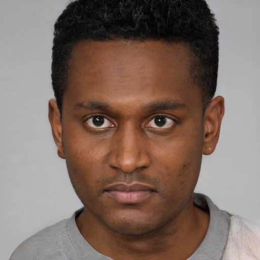 Neutral black young-adult male with short  black hair and brown eyes