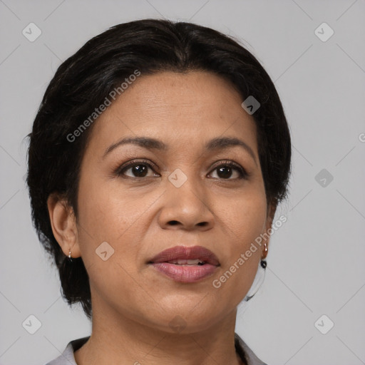 Joyful latino adult female with medium  brown hair and brown eyes