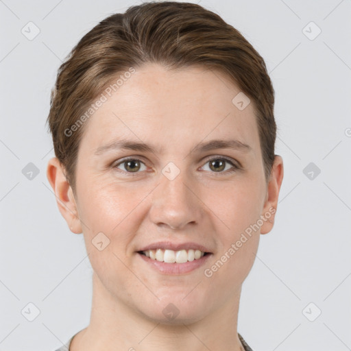 Joyful white young-adult female with short  brown hair and grey eyes