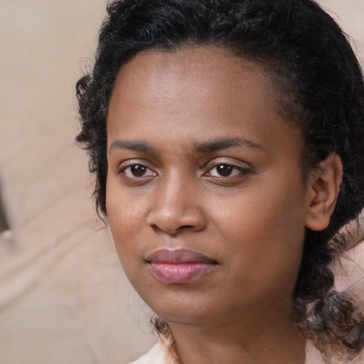 Neutral white young-adult female with medium  black hair and brown eyes