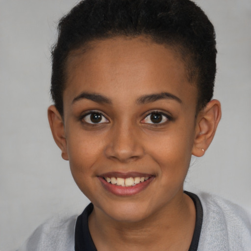 Joyful latino young-adult female with short  black hair and brown eyes