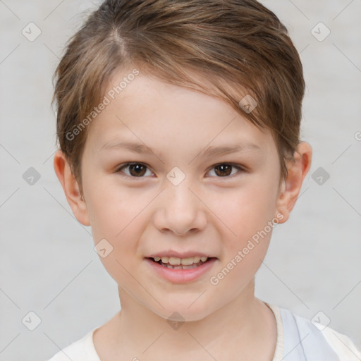 Joyful white child female with short  brown hair and brown eyes