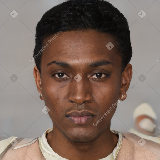 Neutral black young-adult male with short  black hair and brown eyes