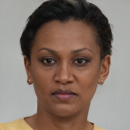 Neutral black young-adult female with short  brown hair and brown eyes