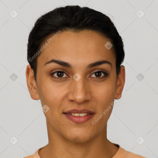 Joyful latino young-adult female with short  brown hair and brown eyes