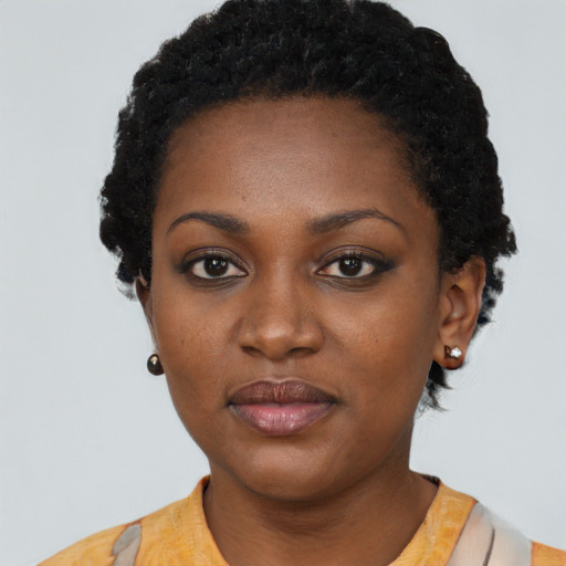 Neutral black young-adult female with short  black hair and brown eyes
