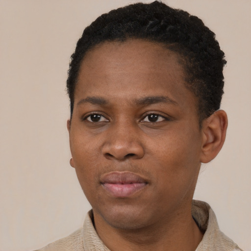 Neutral black young-adult female with short  black hair and brown eyes
