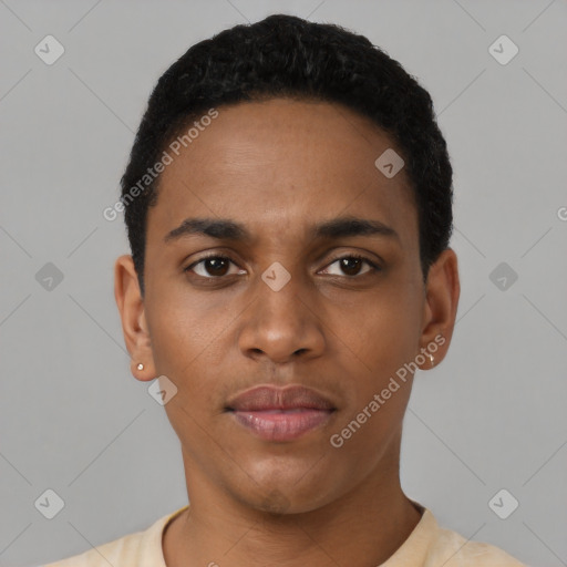 Neutral black young-adult male with short  black hair and brown eyes