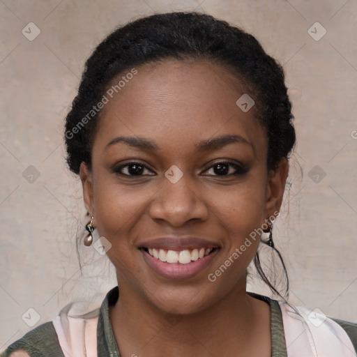 Joyful latino young-adult female with medium  black hair and brown eyes