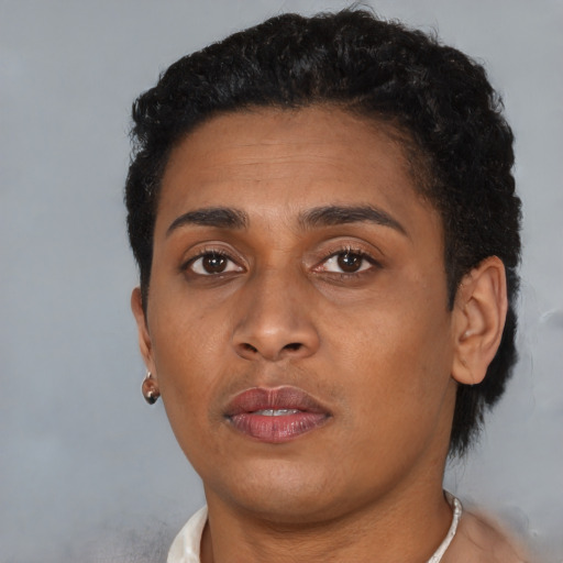 Neutral black young-adult female with short  brown hair and brown eyes