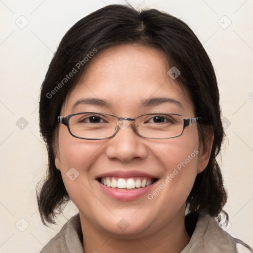 Joyful white adult female with medium  brown hair and brown eyes