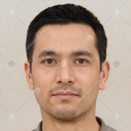 Neutral asian young-adult male with short  black hair and brown eyes