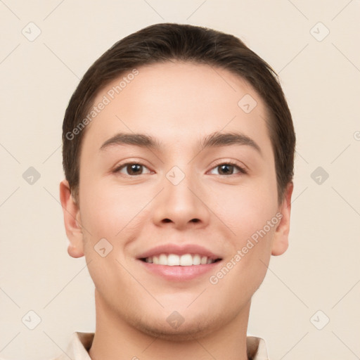 Joyful white young-adult male with short  brown hair and brown eyes