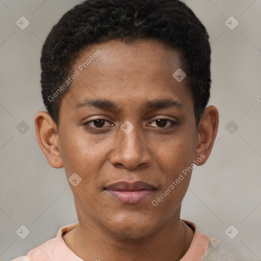 Neutral black young-adult male with short  black hair and brown eyes