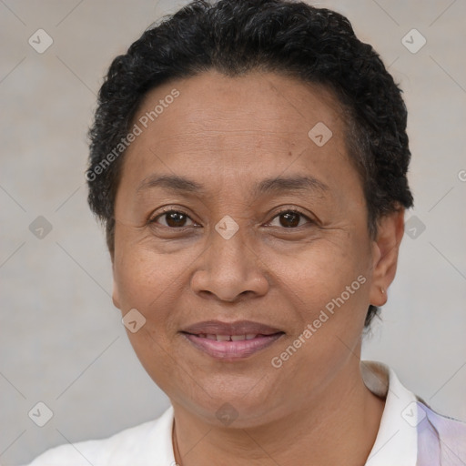 Joyful white adult female with short  brown hair and brown eyes