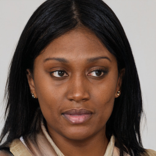 Neutral asian young-adult female with medium  black hair and brown eyes