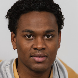 Joyful black young-adult male with short  brown hair and brown eyes