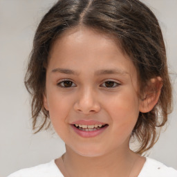 Joyful white child female with medium  brown hair and brown eyes