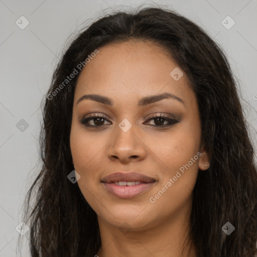 Joyful latino young-adult female with long  brown hair and brown eyes