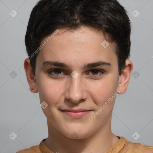 Joyful white young-adult female with short  brown hair and brown eyes