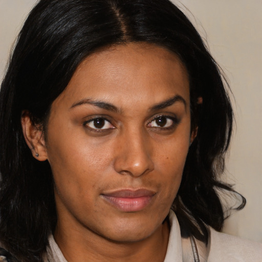 Neutral black young-adult female with medium  brown hair and brown eyes